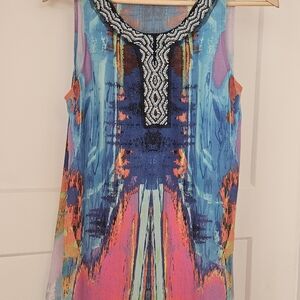 Desigual Colorful Sleeveless Dress Embellished Neck Boho Summer